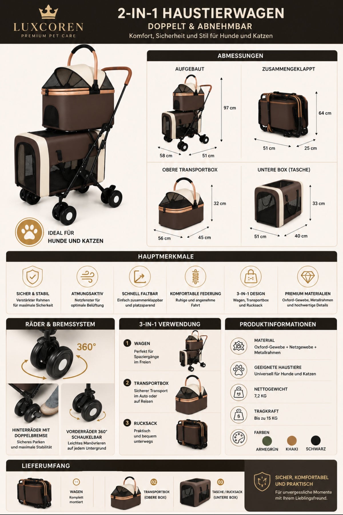 Luxcoren™ Luxuriöser 3-in-1 Haustierwagen für Hunde und Katzen