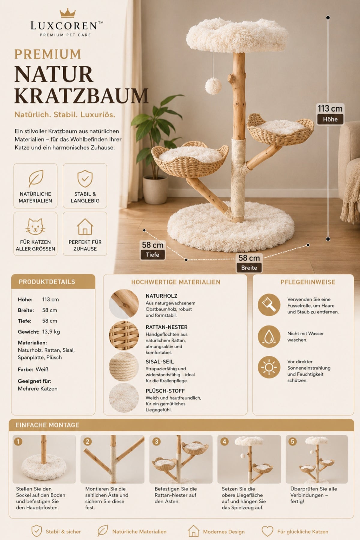 Luxcoren™ Premium Natur-Kratzbaum mit Rattan-Liegen – Katzenbaum aus Echtholz, Sisal & Plüsch | 113 cm