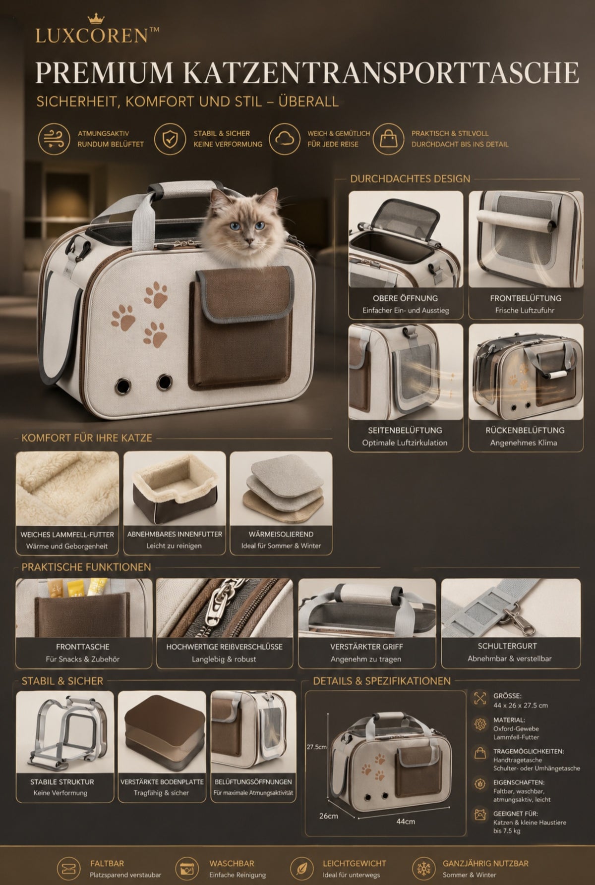 Luxcoren™ Premium Katzen- & Hundetransporttasche – Atmungsaktiv & Winter-Plüschfutter