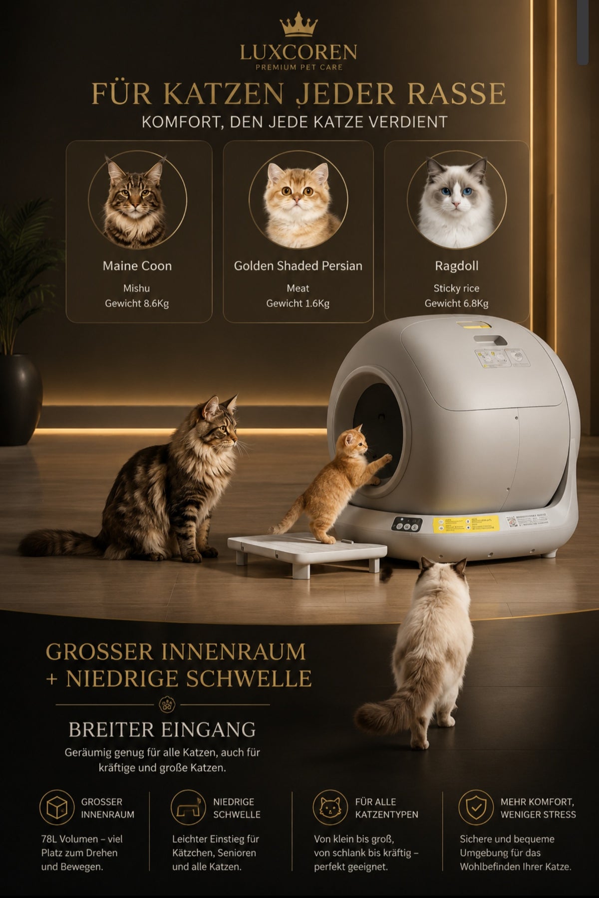 Luxcoren™ Premium Automatische Katzentoilette – Intelligente Selbstreinigung & Geruchskontrolle