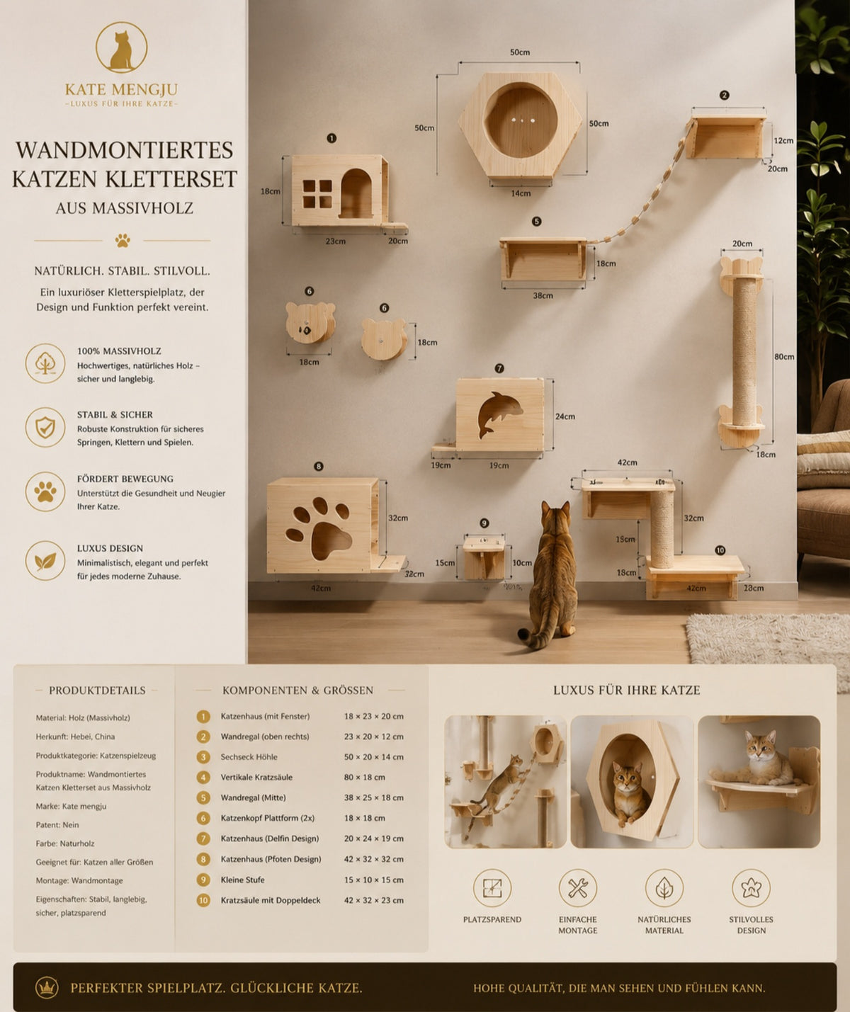 Premium Kletterwand für Katzen aus Massivholz