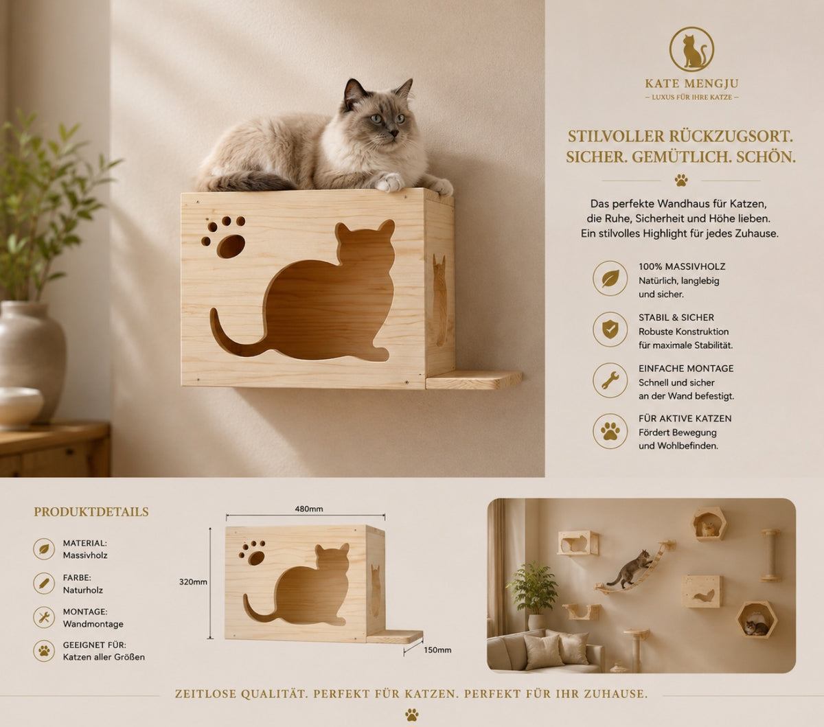 Premium Kletterwand für Katzen aus Massivholz