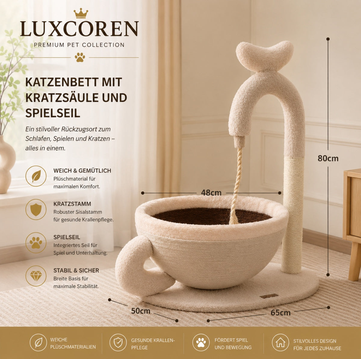 Luxuriöses Katzenbett mit Sisal-Kratzbaum – Modernes Design & Gemütlicher Schlafplatz