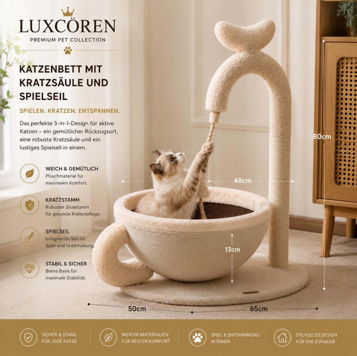 Luxuriöses Katzenbett mit Sisal-Kratzbaum – Modernes Design & Gemütlicher Schlafplatz