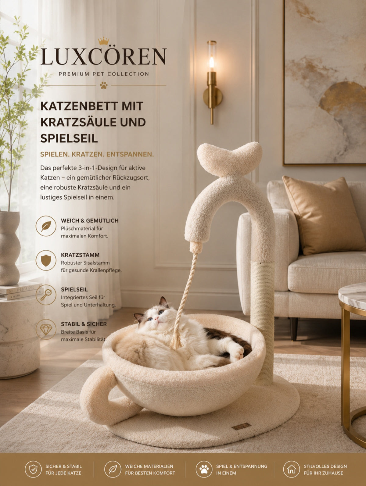 Luxuriöses Katzenbett mit Sisal-Kratzbaum – Modernes Design & Gemütlicher Schlafplatz