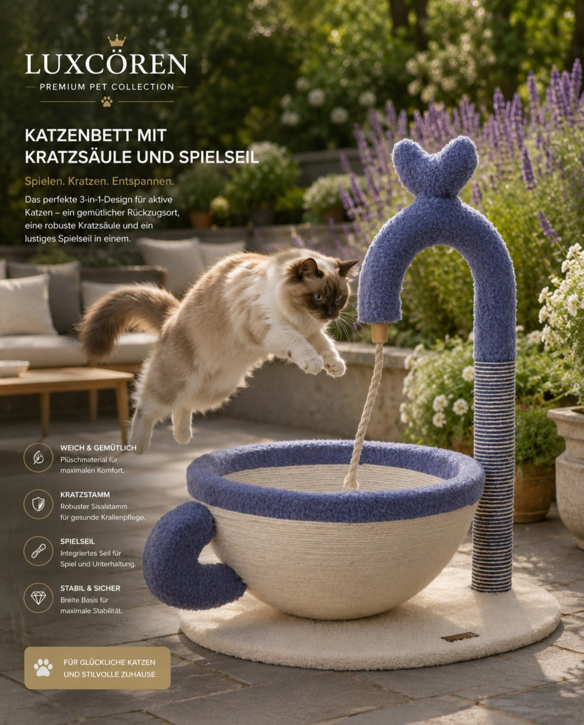 Luxuriöses Katzenbett mit Sisal-Kratzbaum – Modernes Design & Gemütlicher Schlafplatz