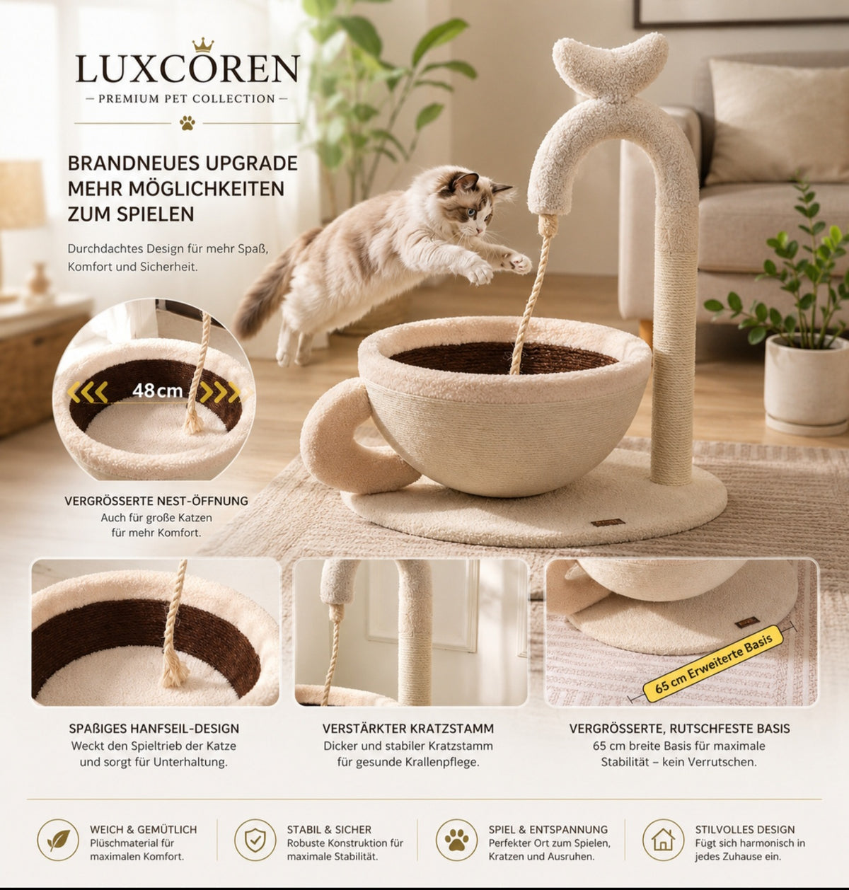 Luxuriöses Katzenbett mit Sisal-Kratzbaum – Modernes Design & Gemütlicher Schlafplatz