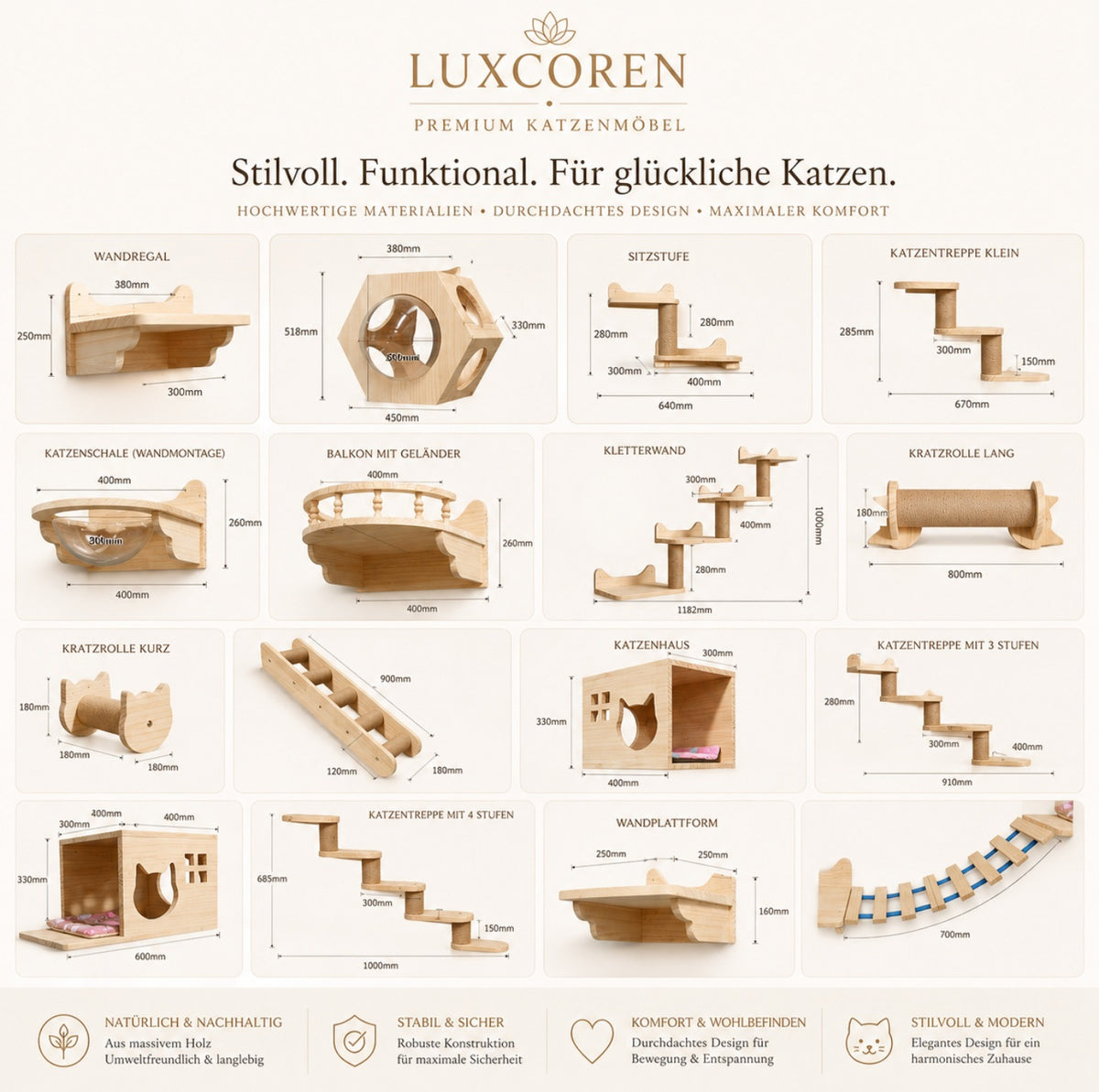 Luxcoren™ Premium Katzen-Kletterwand aus Massivholz
