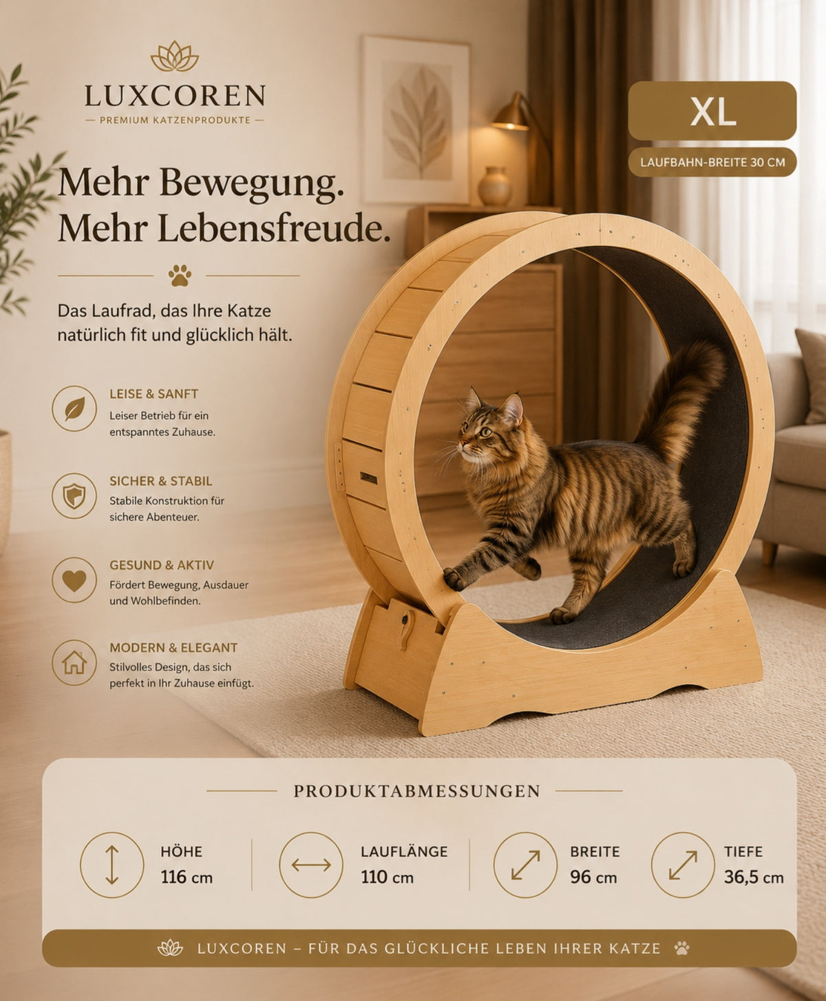Premium Katzenlaufrad aus Holz – Leise & Stabil