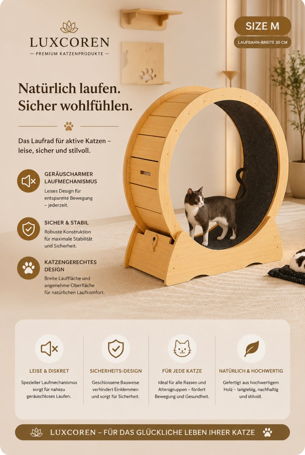 Premium Katzenlaufrad aus Holz – Leise & Stabil