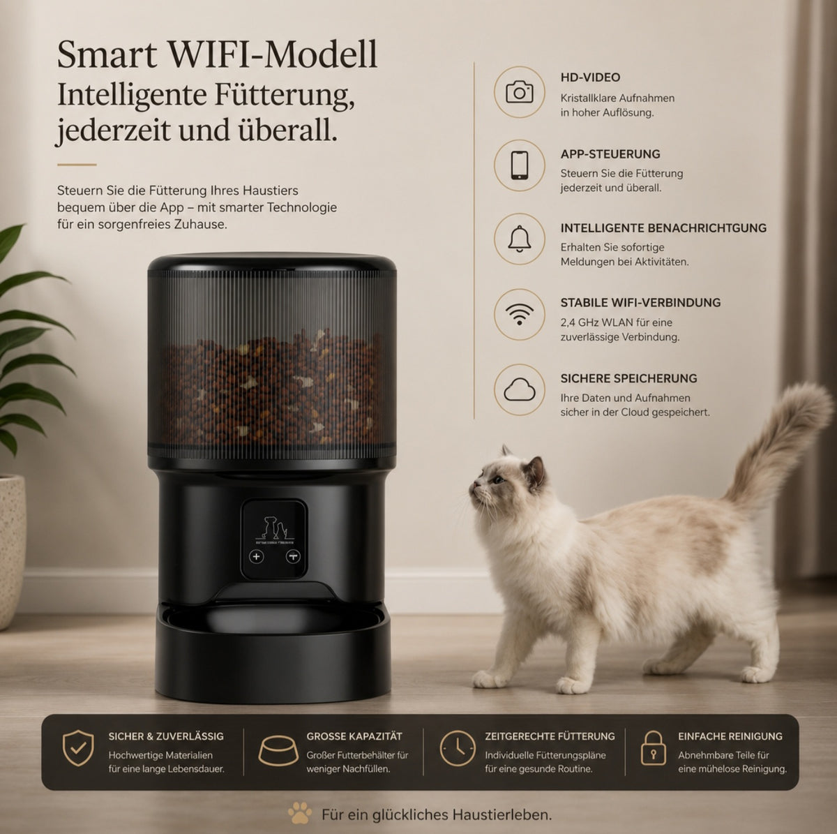 Luxcoren Smart Futterautomat mit HD-Kamera, WLAN & App – Für Hunde & Katzen