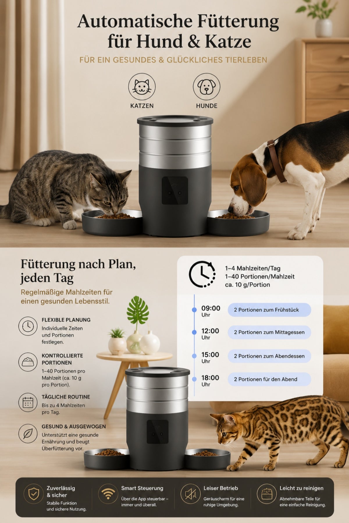 Luxcoren Automatischer Futterspender – Edelstahl, Doppelnapf & App-Steuerung