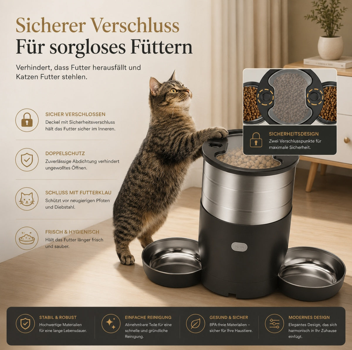 Luxcoren Automatischer Futterspender – Edelstahl, Doppelnapf & App-Steuerung