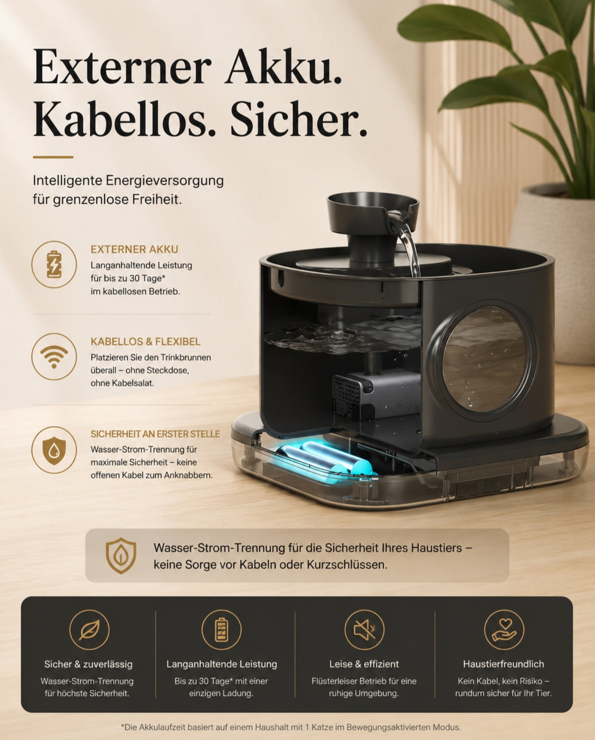 Luxcoren Smart Trinkbrunnen 2,8L – Kabellos, Leise & Mit 5200mAh Akku