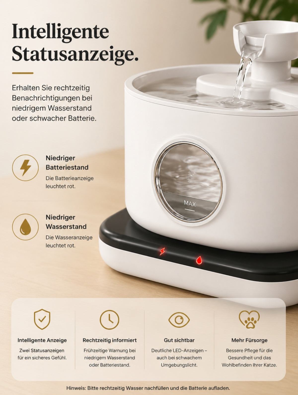 Luxcoren Smart Trinkbrunnen 2,8L – Kabellos, Leise & Mit 5200mAh Akku