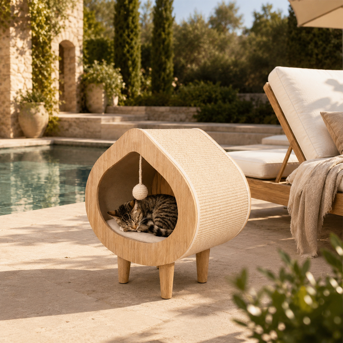 Luxuriöses Katzenbett aus Holz
