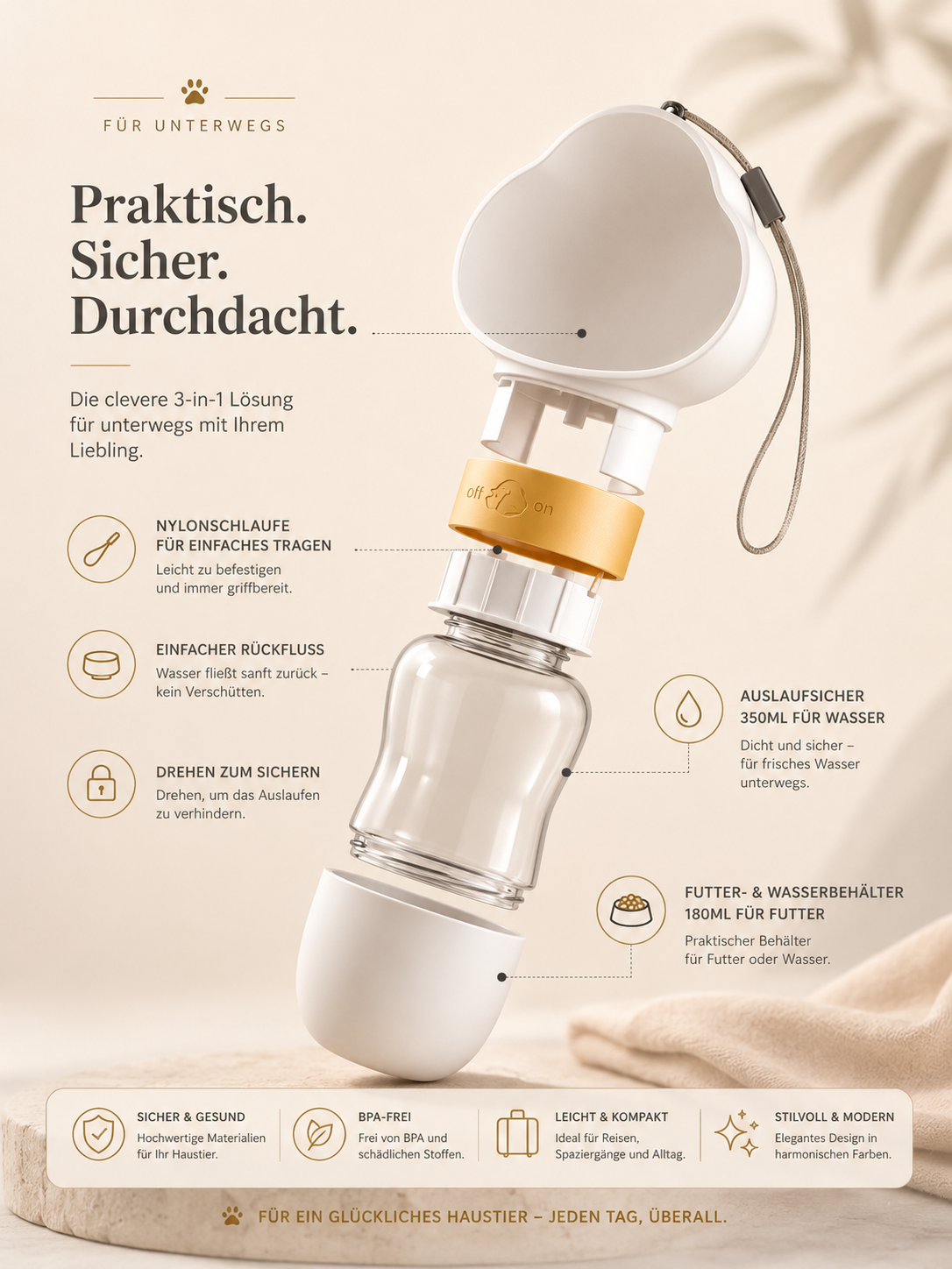 2-in-1 Premium-Reisetrinkflasche mit Futterbehälter für Hunde & Katzen