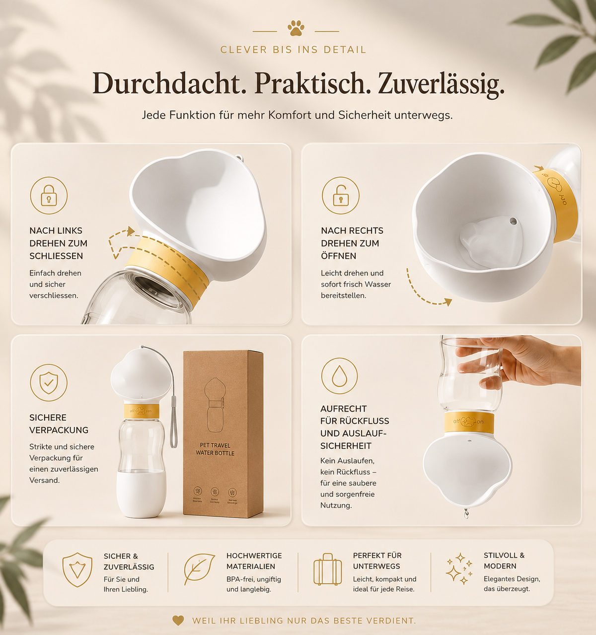 2-in-1 Premium-Reisetrinkflasche mit Futterbehälter für Hunde & Katzen