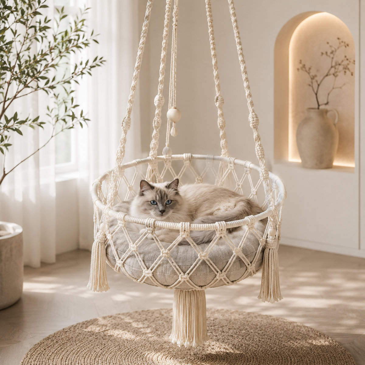 Luxuriöses Hängendes Katzenbett im Boho-Stil