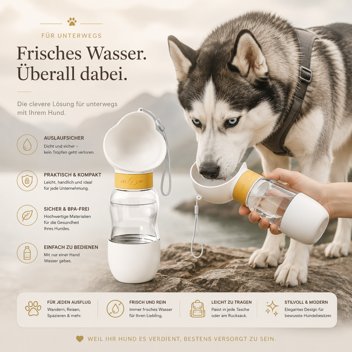 2-in-1 Premium-Reisetrinkflasche mit Futterbehälter für Hunde & Katzen
