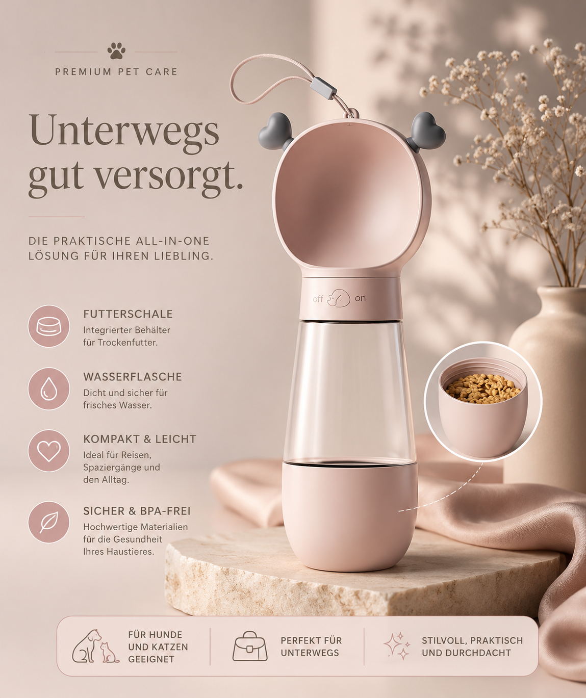 2-in-1 Premium-Reisetrinkflasche mit Futterbehälter für Hunde & Katzen