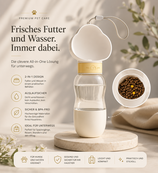 2-in-1 Premium-Reisetrinkflasche mit Futterbehälter für Hunde & Katzen