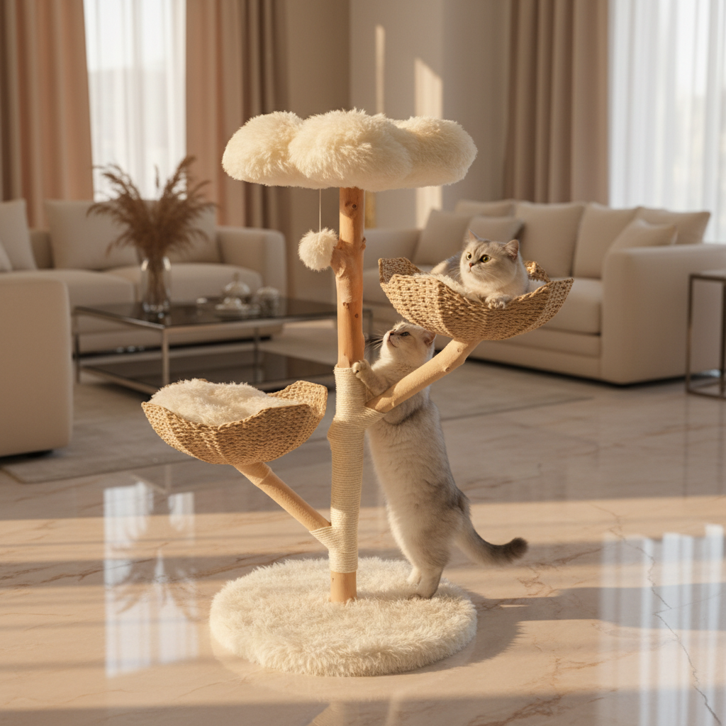 Luxcoren™ Premium Natur-Kratzbaum mit Rattan-Liegen – Katzenbaum aus Echtholz, Sisal & Plüsch | 113 cm