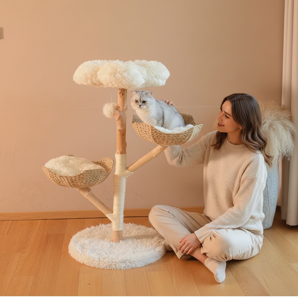 Luxcoren™ Premium Natur-Kratzbaum mit Rattan-Liegen – Katzenbaum aus Echtholz, Sisal & Plüsch | 113 cm