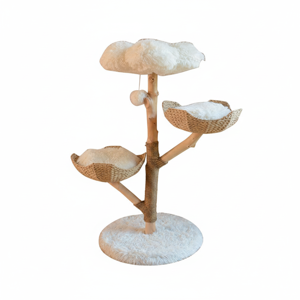 Luxcoren™ Premium Natur-Kratzbaum mit Rattan-Liegen – Katzenbaum aus Echtholz, Sisal & Plüsch | 113 cm